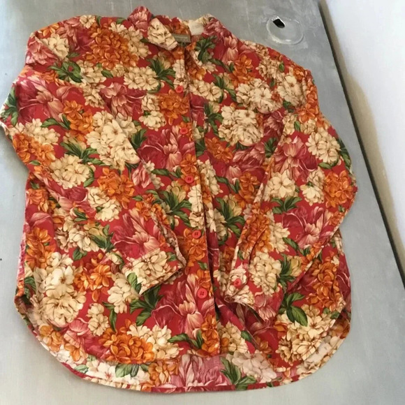 Vintage Liz Claiborne Lizwear Red Floral Button-Up Shirt 100 % Cotton Red  Sz L - Picture 3 of 9